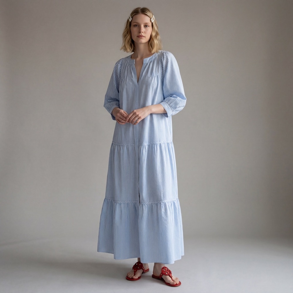 Saybury Vintage Searsucker Blue Housecoat Coastal Grandma Maxi Dress oversized